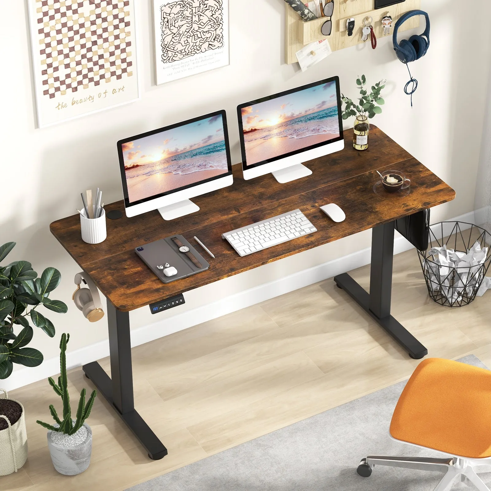 140 x 60 CM Height Adjustable Standing Desk with 3 Memory Heights-Brown