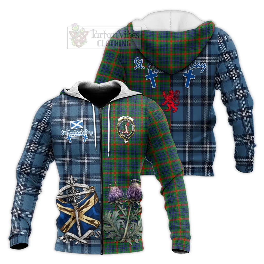 Aiton Tartan Knitted Hoodie Happy St. Andrew's Day Half Tartan Style