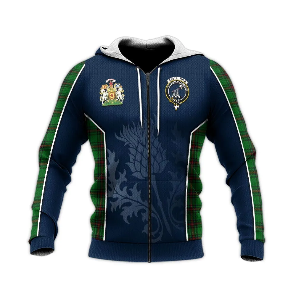 Anstruther Tartan Knitted Hoodie with Family Crest and Scottish Thistle Vibes Sport Style