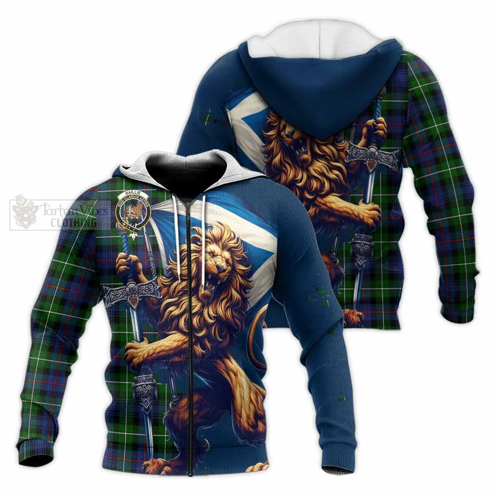 Baillie (Bailey) Tartan Family Crest Knitted Hoodie with Scottish Majestic Lion