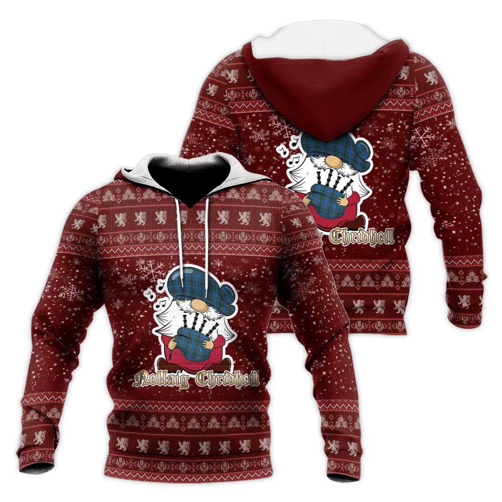 Bain Clan Christmas Knitted Hoodie with Funny Gnome Playing Bagpipes