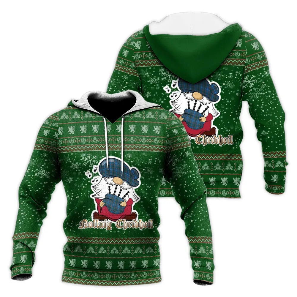 Bain Clan Christmas Knitted Hoodie with Funny Gnome Playing Bagpipes