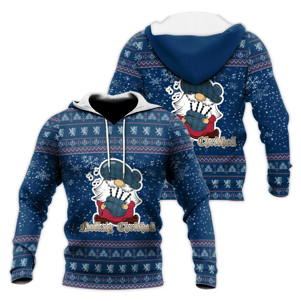 Bain Clan Christmas Knitted Hoodie with Funny Gnome Playing Bagpipes