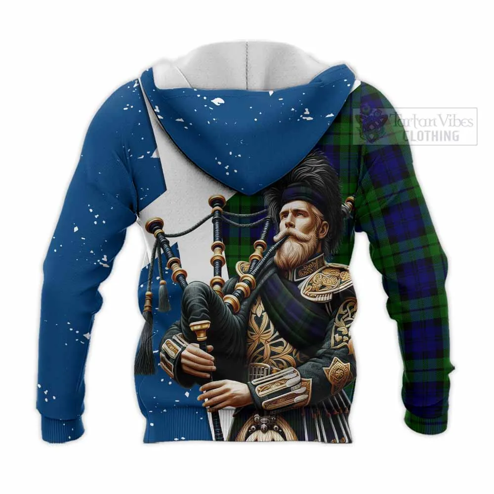 Bannatyne Tartan Knitted Hoodie with Family Crest Scottish Bagpiper Vibes