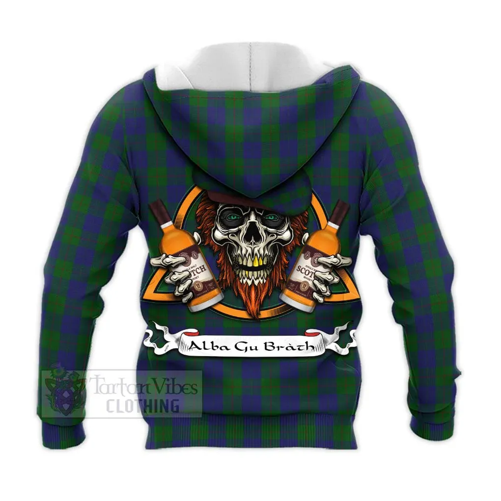 Barclay Tartan Knitted Hoodie with Family Crest and Bearded Skull Holding Bottles of Whiskey