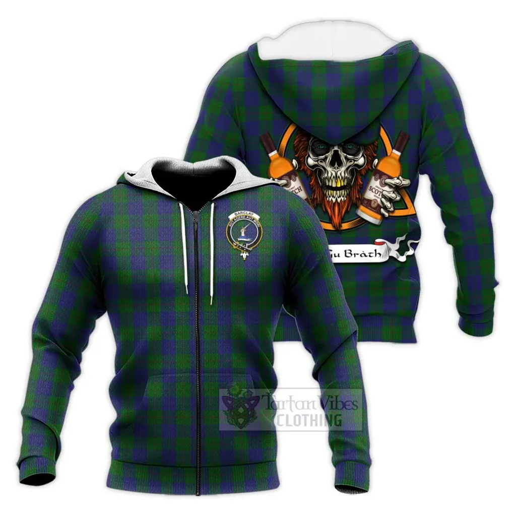 Barclay Tartan Knitted Hoodie with Family Crest and Bearded Skull Holding Bottles of Whiskey