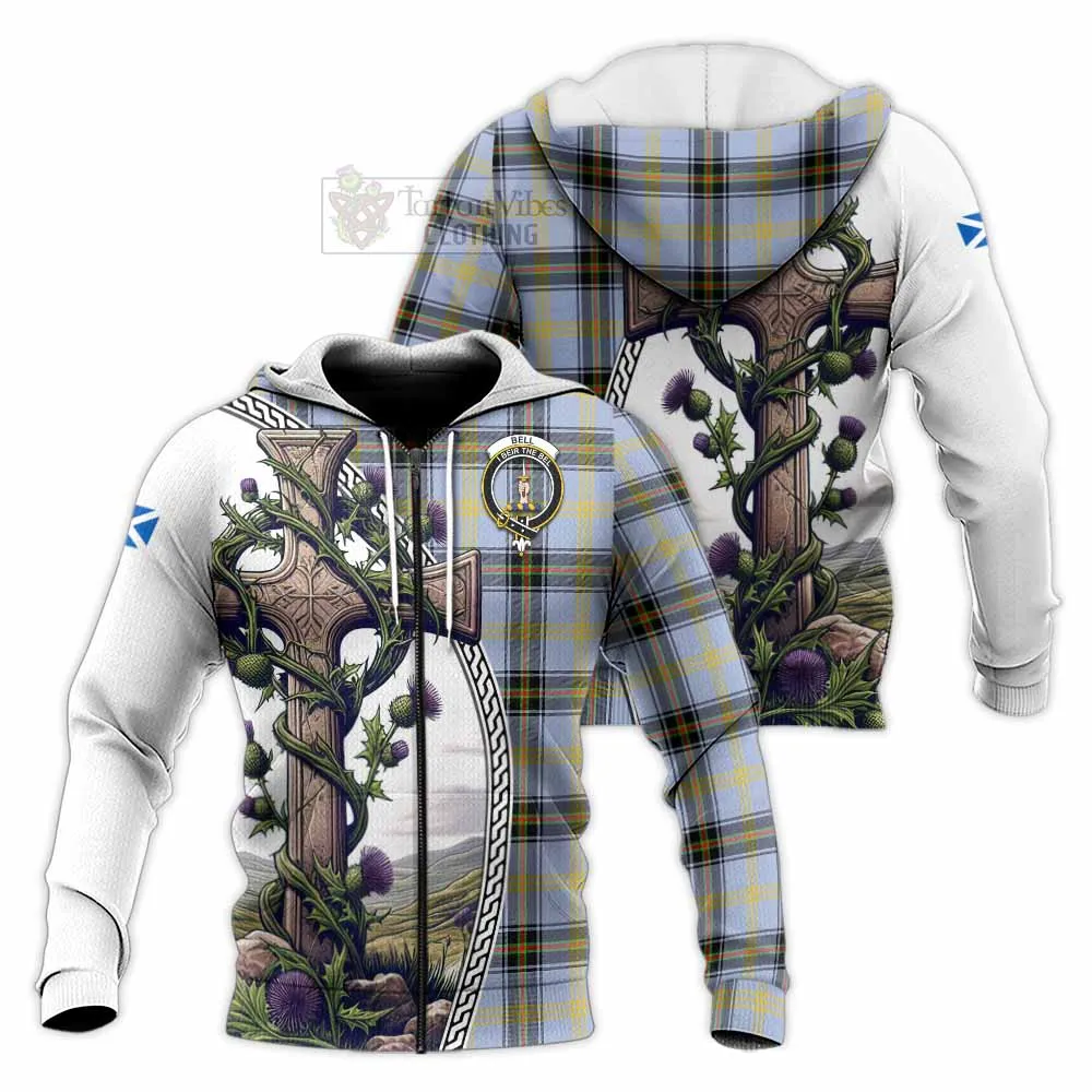 Bell Tartan Knitted Hoodie with Family Crest and St. Andrew's Cross Accented by Thistle Vines