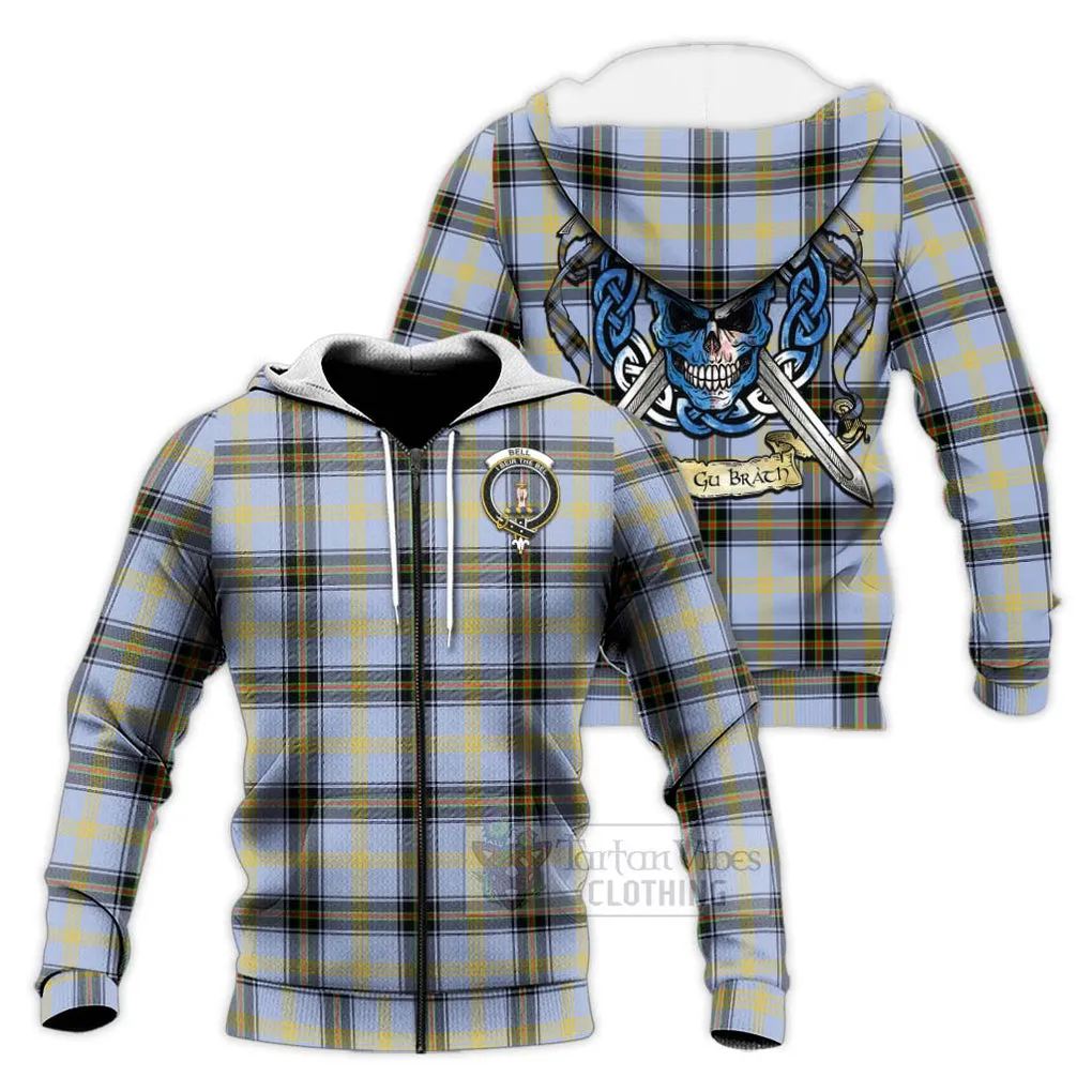 Bell Tartan Knitted Hoodie with Family Crest Celtic Skull Style