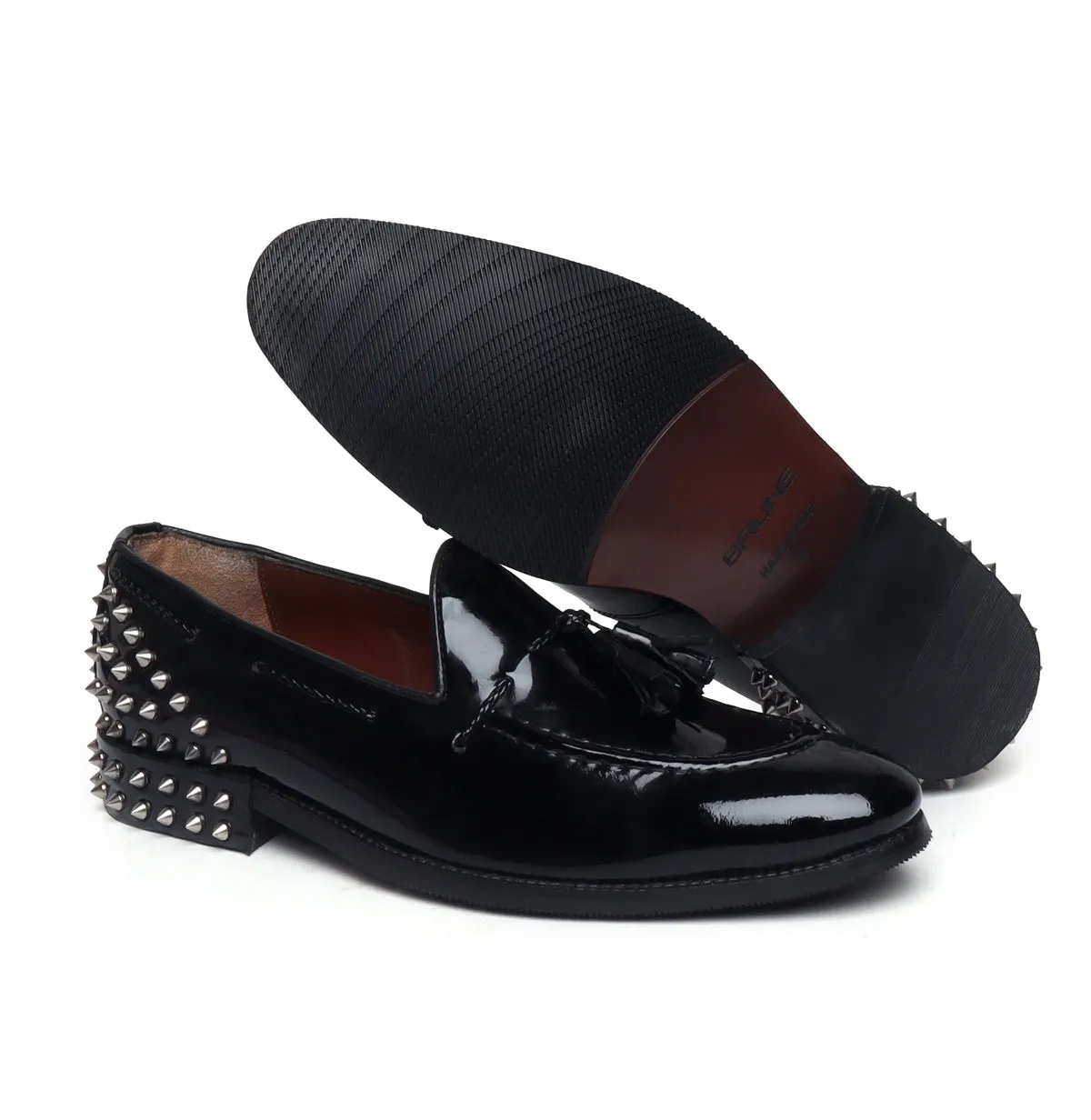 Black Patent Leather Studded Back Side Lacing Tassel Loafers By Brune & Bareskin