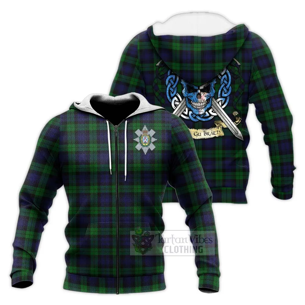 Black Watch Tartan Knitted Hoodie with Family Crest Celtic Skull Style