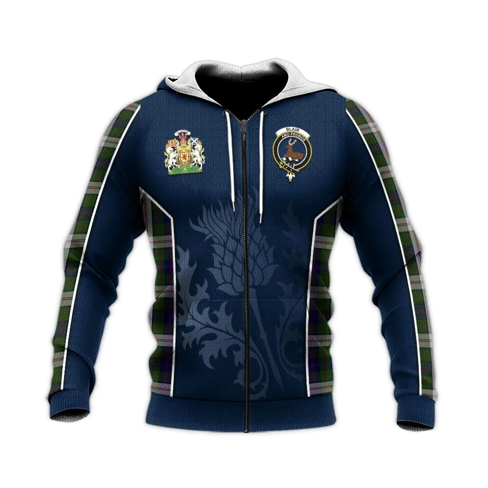 Blair Dress Tartan Knitted Hoodie with Family Crest and Scottish Thistle Vibes Sport Style