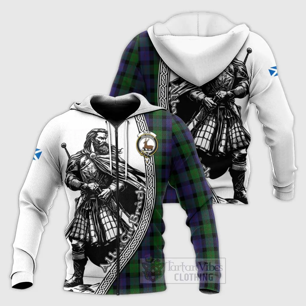 Blair Tartan Clan Crest Knitted Hoodie with Highlander Warrior Celtic Style