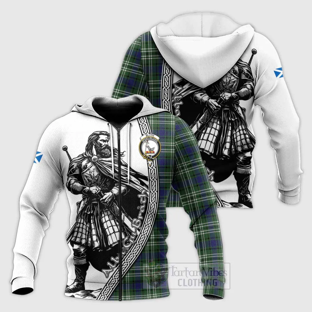 Blyth Tartan Clan Crest Knitted Hoodie with Highlander Warrior Celtic Style