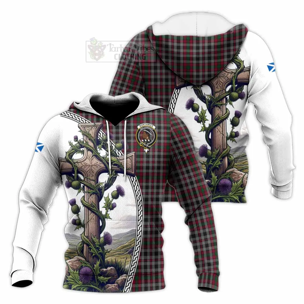 Borthwick Tartan Knitted Hoodie with Family Crest and St. Andrew's Cross Accented by Thistle Vines