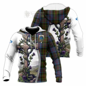 Bowie Tartan Knitted Hoodie with Family Crest and St. Andrew's Cross Accented by Thistle Vines