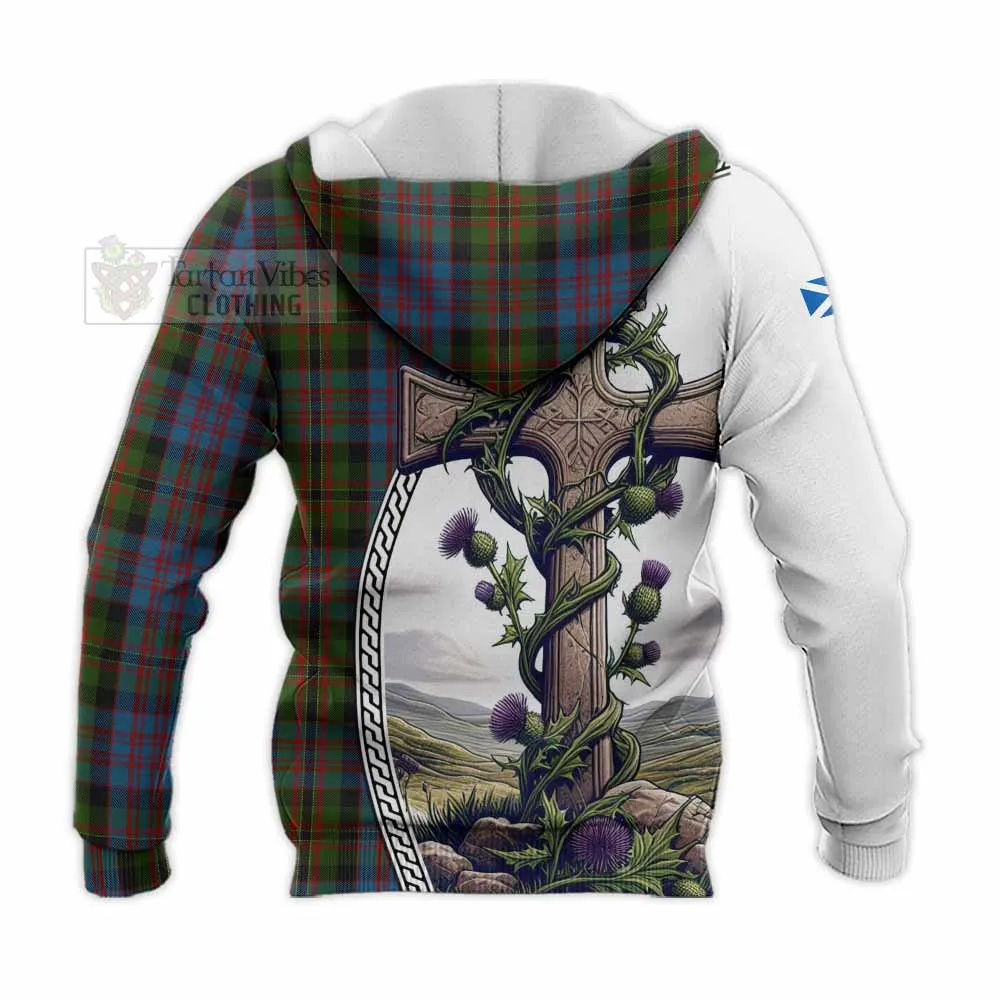 Bowie Tartan Knitted Hoodie with Family Crest and St. Andrew's Cross Accented by Thistle Vines