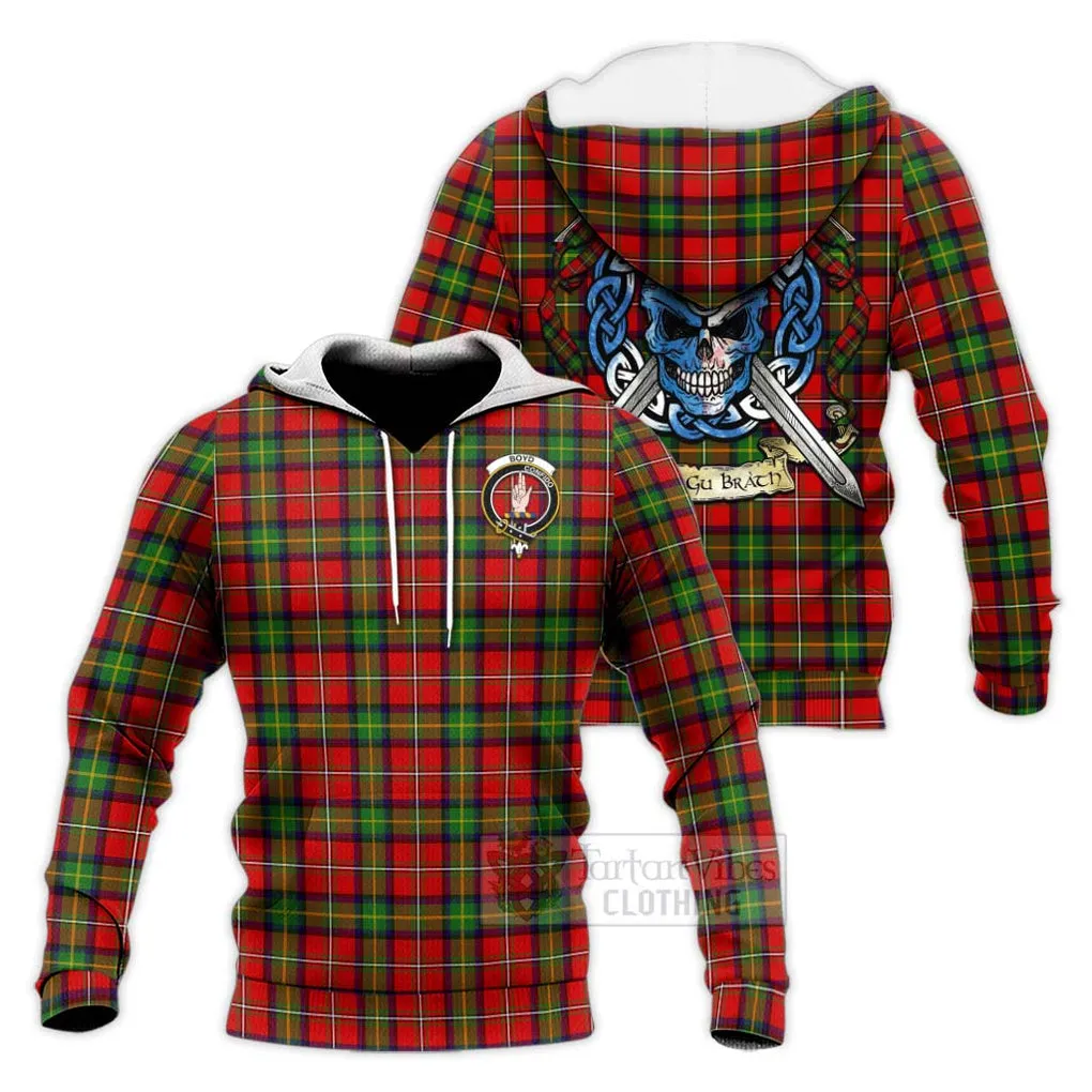 Boyd Tartan Knitted Hoodie with Family Crest Celtic Skull Style