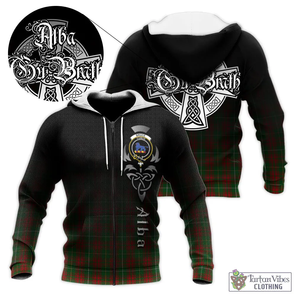 Bruce Hunting Tartan Knitted Hoodie Featuring Alba Gu Brath Family Crest Celtic Inspired