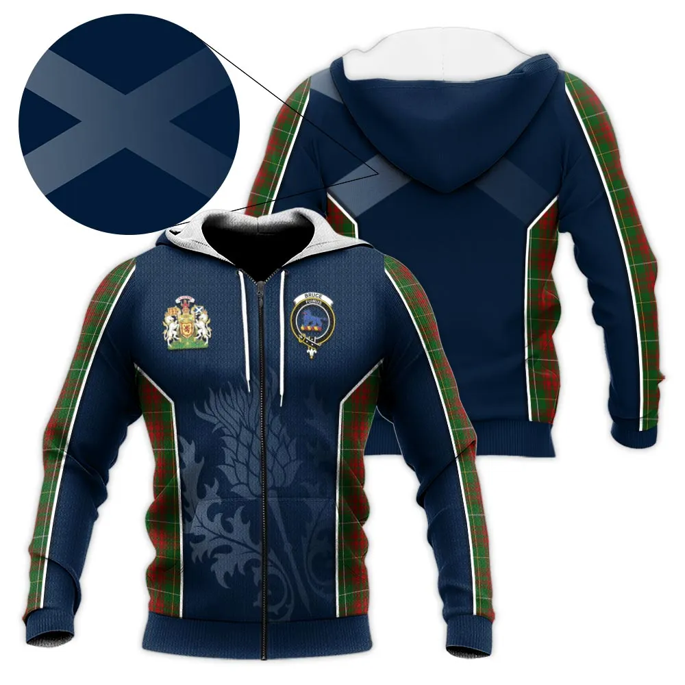 Bruce Hunting Tartan Knitted Hoodie with Family Crest and Scottish Thistle Vibes Sport Style