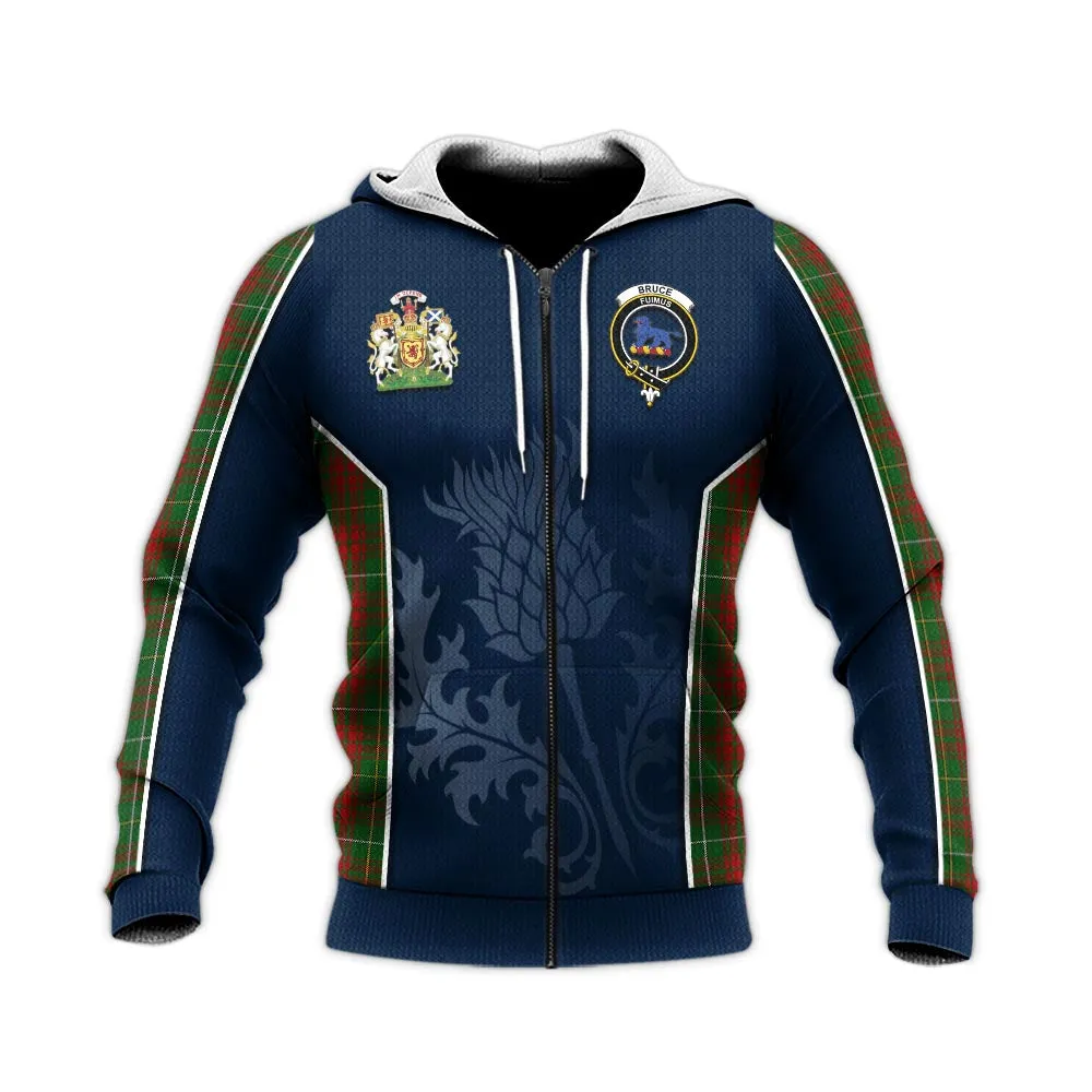 Bruce Hunting Tartan Knitted Hoodie with Family Crest and Scottish Thistle Vibes Sport Style