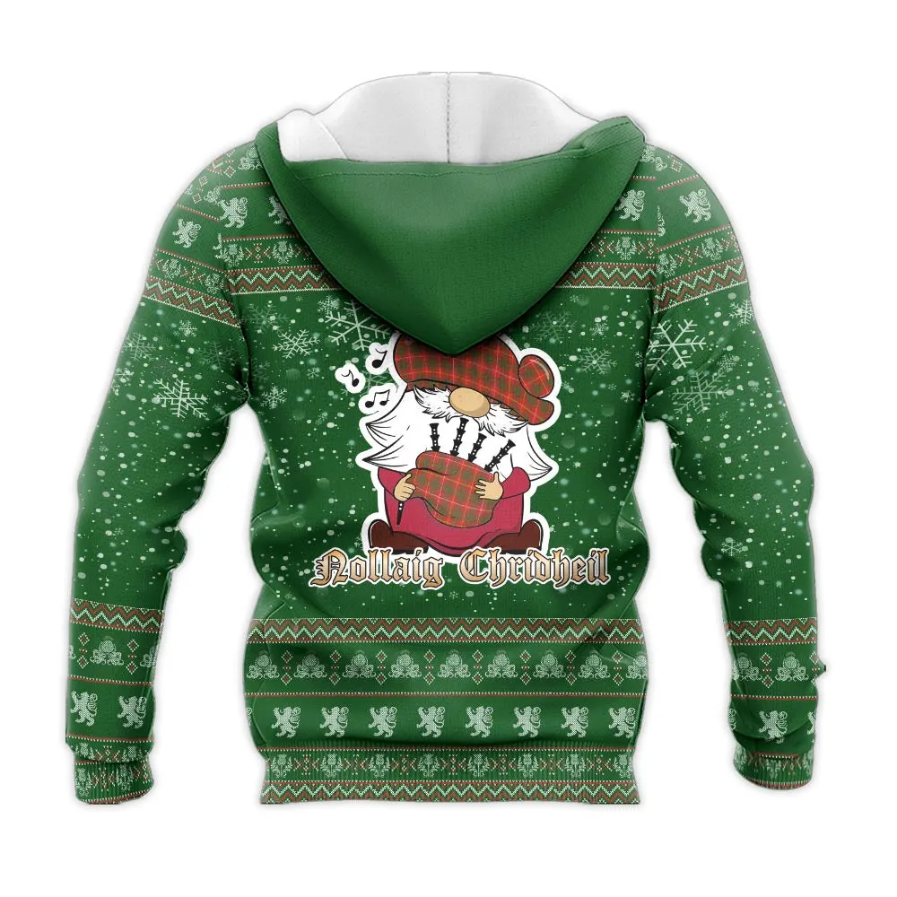 Bruce Modern Clan Christmas Knitted Hoodie with Funny Gnome Playing Bagpipes