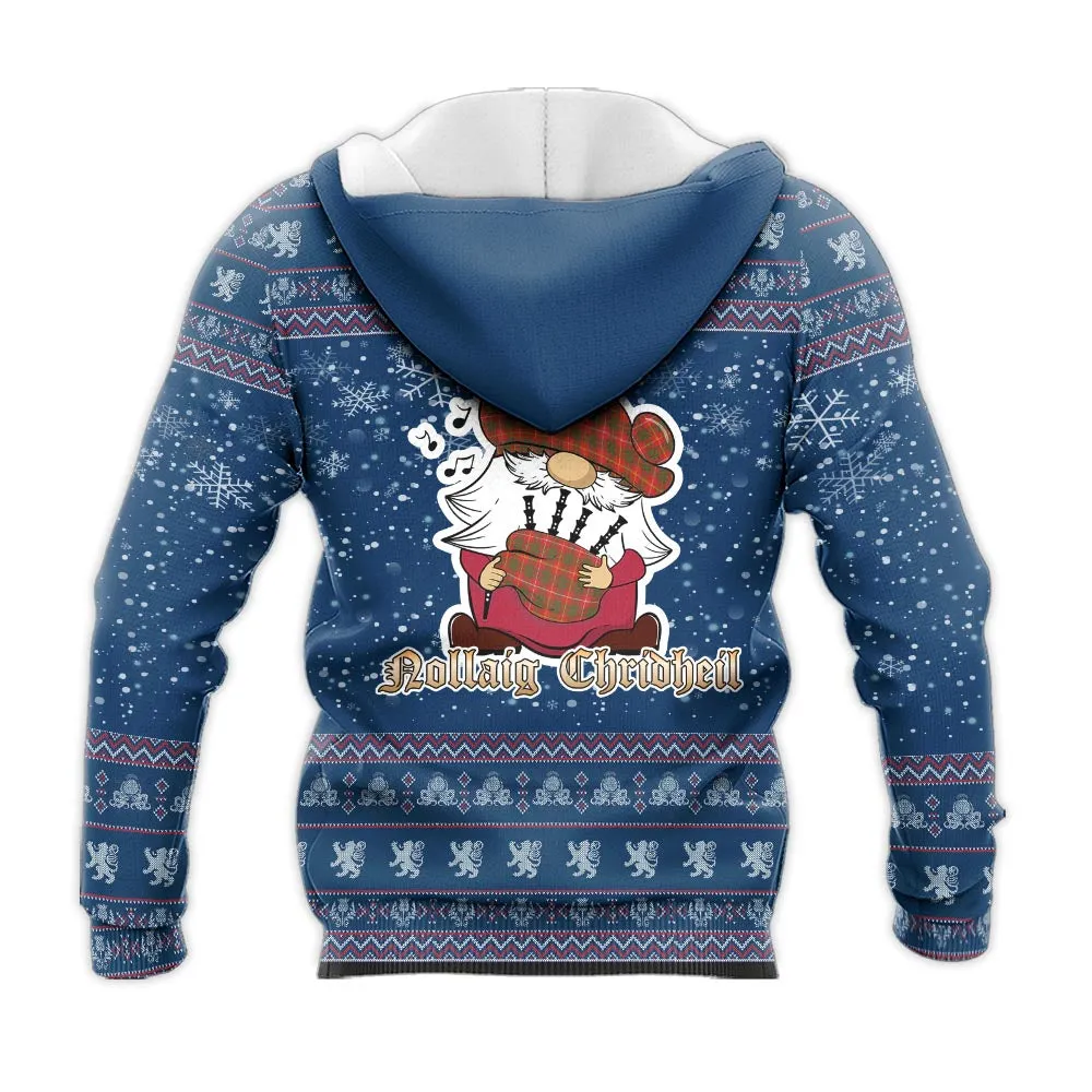 Bruce Modern Clan Christmas Knitted Hoodie with Funny Gnome Playing Bagpipes