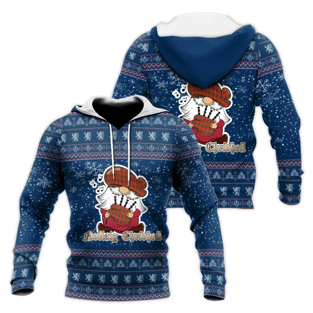 Bruce Modern Clan Christmas Knitted Hoodie with Funny Gnome Playing Bagpipes