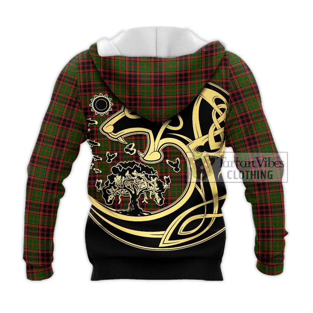 Buchan Tartan Knitted Hoodie with Family Crest Celtic Wolf Style