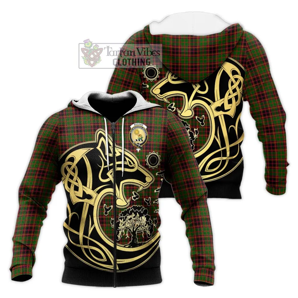 Buchan Tartan Knitted Hoodie with Family Crest Celtic Wolf Style