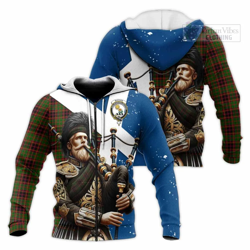 Buchan Tartan Knitted Hoodie with Family Crest Scottish Bagpiper Vibes