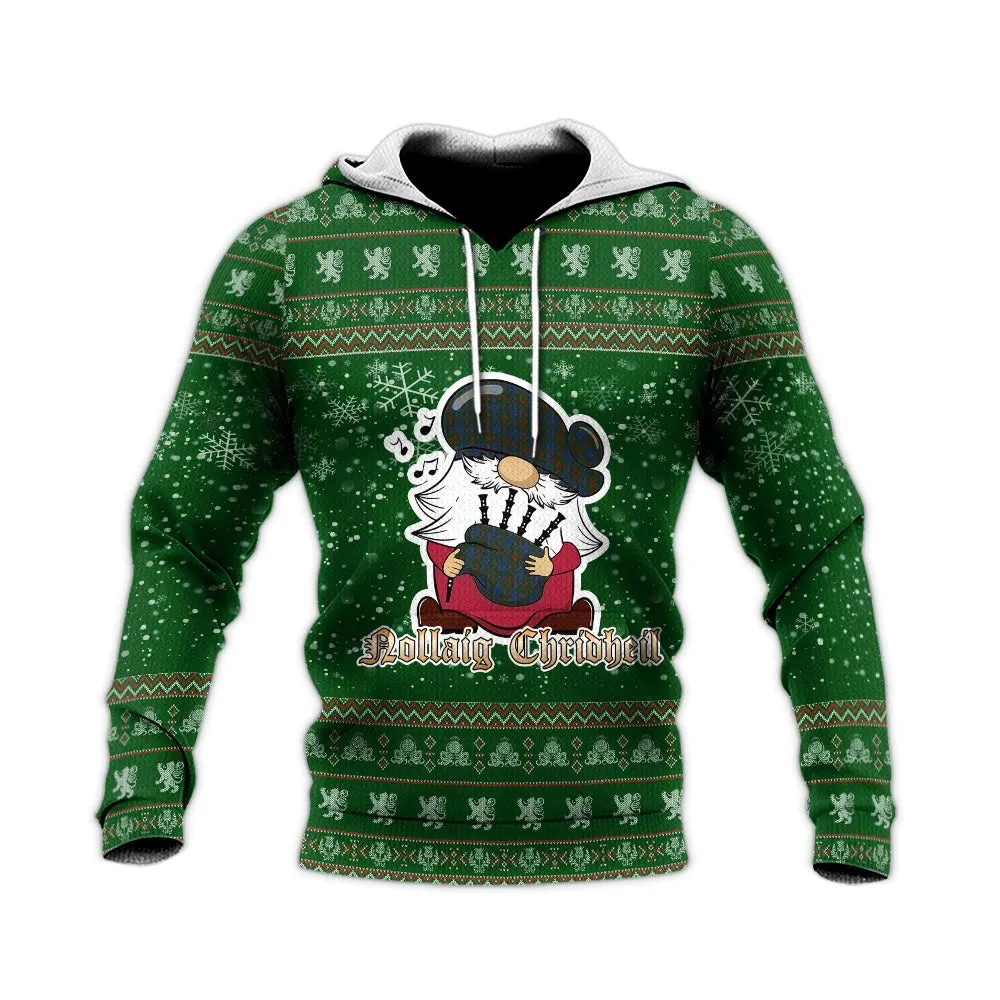 Buchanan Hunting Clan Christmas Knitted Hoodie with Funny Gnome Playing Bagpipes