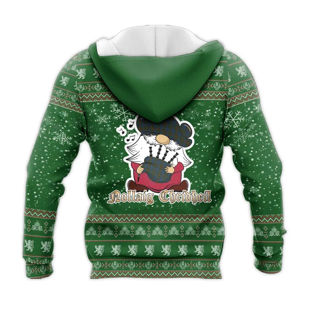 Buchanan Hunting Clan Christmas Knitted Hoodie with Funny Gnome Playing Bagpipes