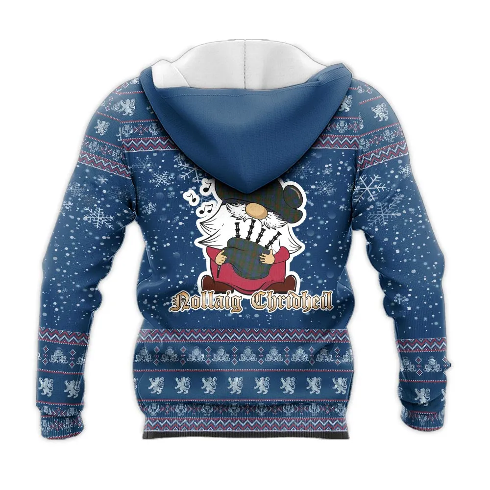 Buchanan Hunting Clan Christmas Knitted Hoodie with Funny Gnome Playing Bagpipes