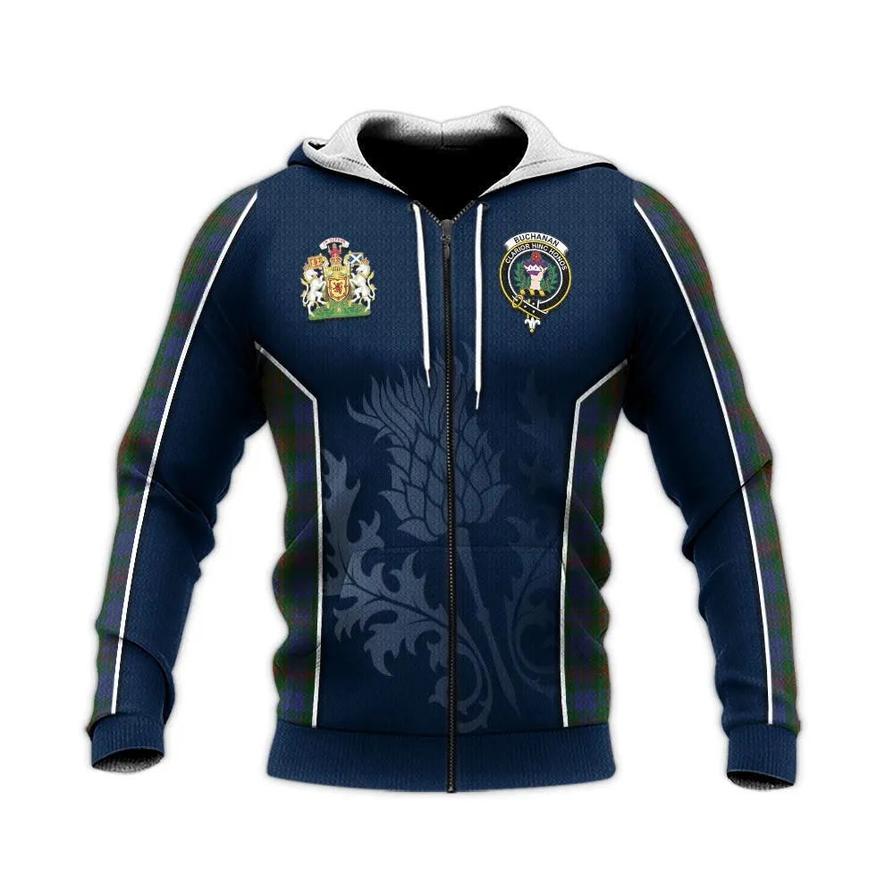 Buchanan Hunting Tartan Knitted Hoodie with Family Crest and Scottish Thistle Vibes Sport Style