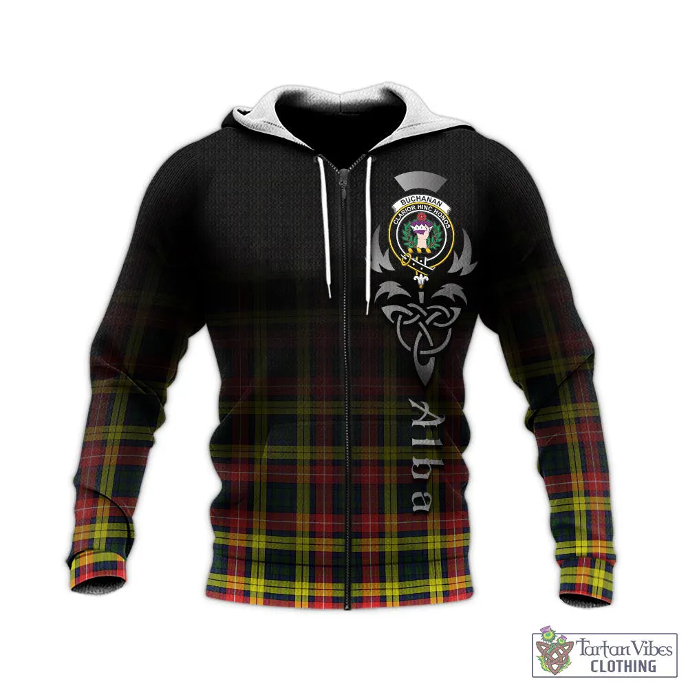 Buchanan Modern Tartan Knitted Hoodie Featuring Alba Gu Brath Family Crest Celtic Inspired