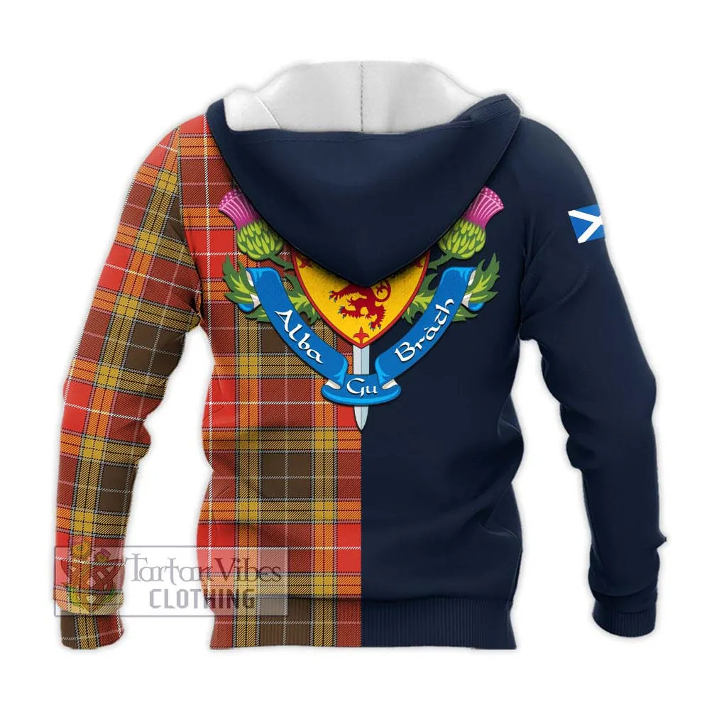 Buchanan Old Set Weathered Tartan Knitted Hoodie Alba with Scottish Lion Royal Arm Half Style