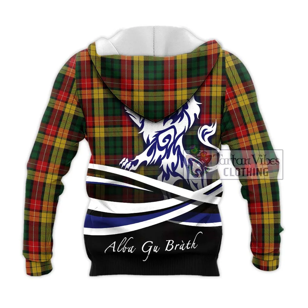 Buchanan Tartan Knitted Hoodie with Alba Gu Brath Regal Lion Emblem