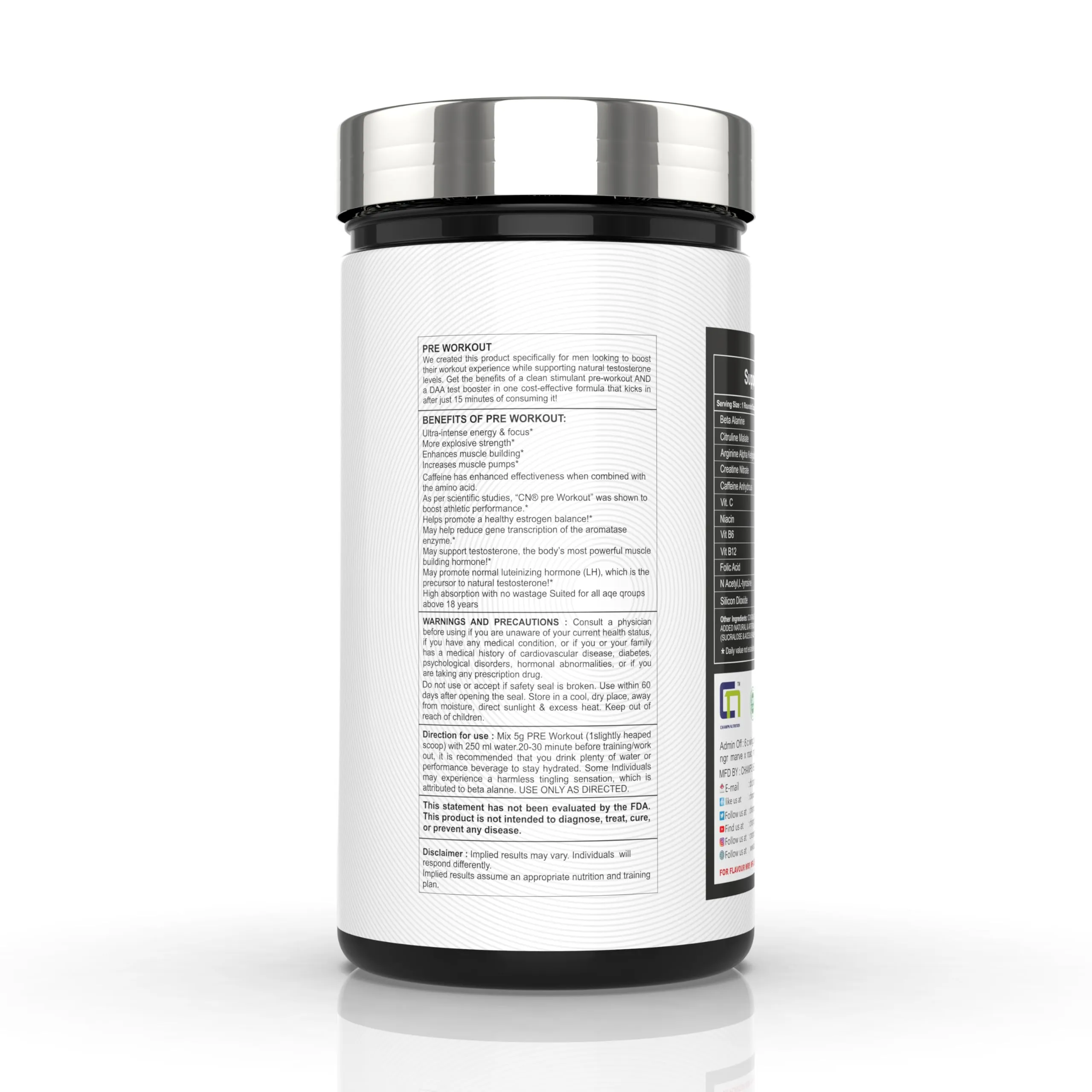 Champs Nutrition Pre Workout Supplement With Caffeine Powder, Citrulline Malate, B-Alanine, Taurine For Explosive Energy, Pump & Focus 300G,60 Servings (Fruit Punch Flavour)