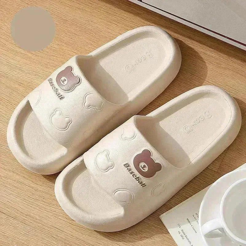 Cute Cartoon Bear Slippers For Women Summer Indoor Thick-soled Non-slip Floor Bathroom Home Slippers Men House Shoes