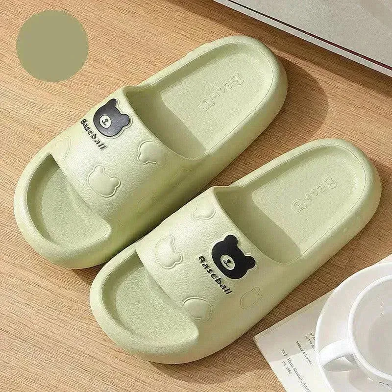 Cute Cartoon Bear Slippers For Women Summer Indoor Thick-soled Non-slip Floor Bathroom Home Slippers Men House Shoes