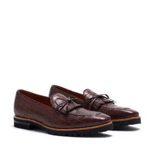 Dark Brown Painted Croco Laced Kiltie Loafer