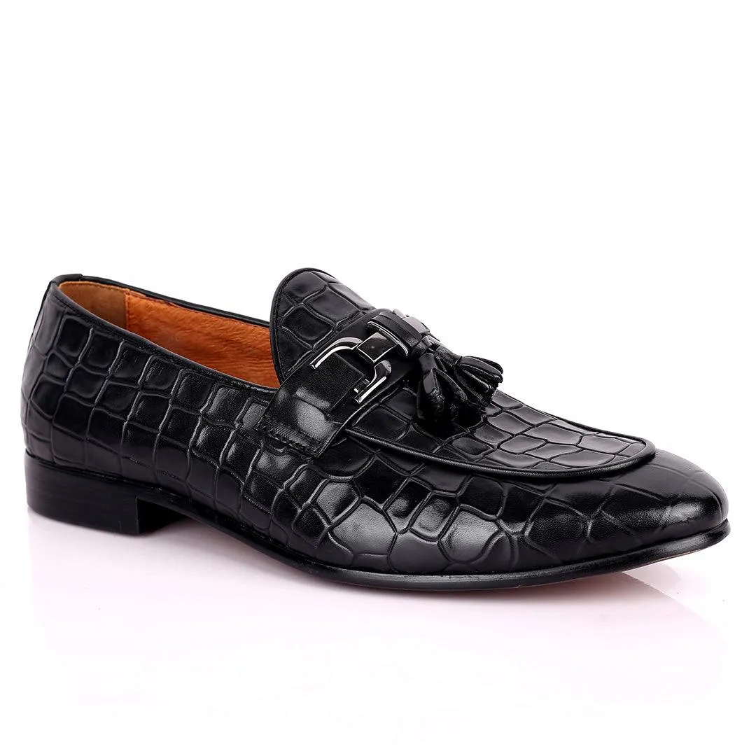 Gian Classic Tassel And Croc Designed Leather Shoe - Black