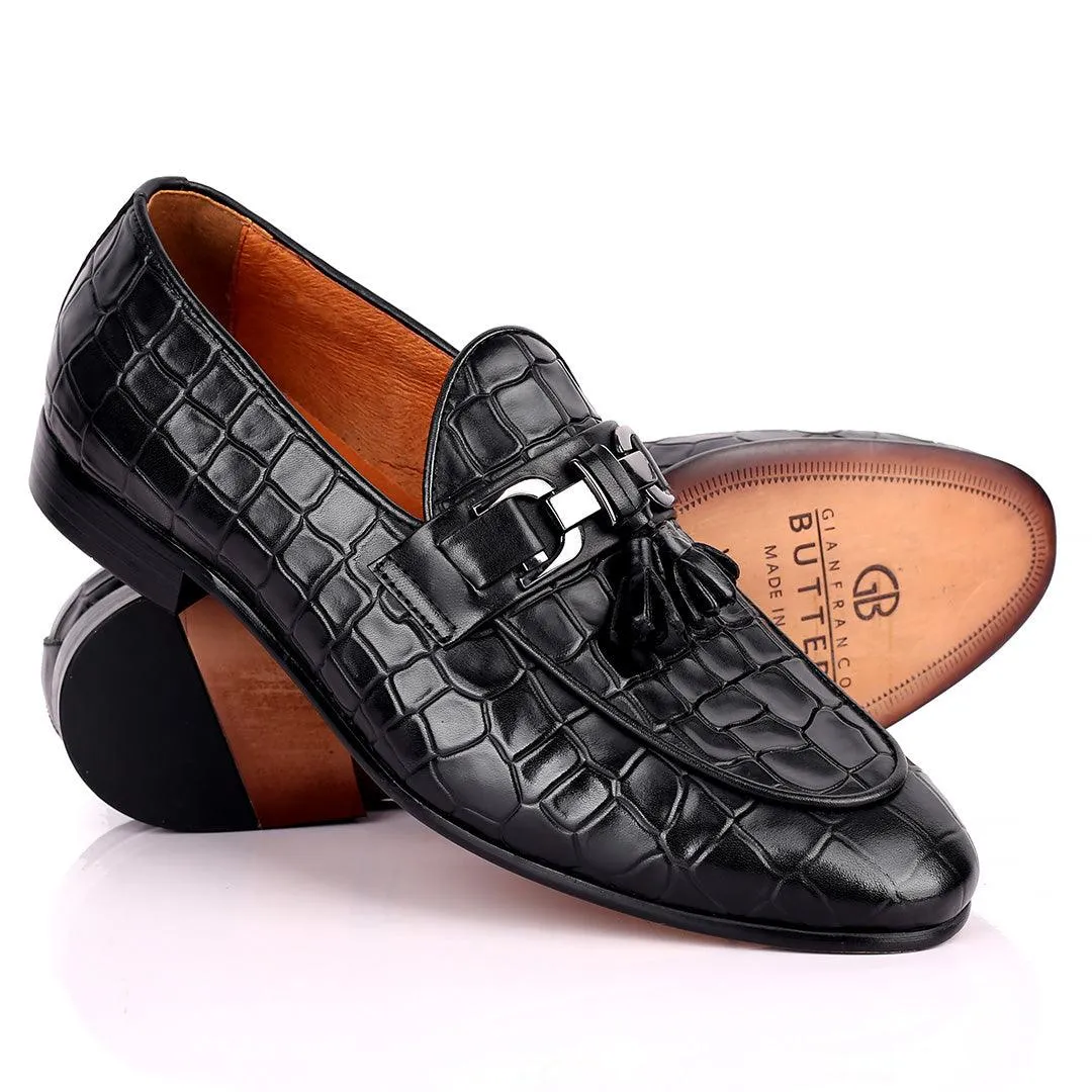 Gian Classic Tassel And Croc Designed Leather Shoe - Black