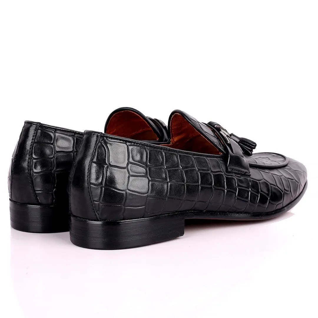 Gian Classic Tassel And Croc Designed Leather Shoe - Black