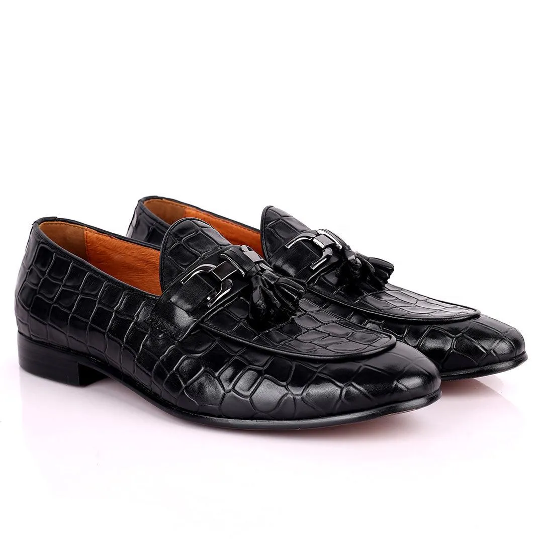 Gian Classic Tassel And Croc Designed Leather Shoe - Black