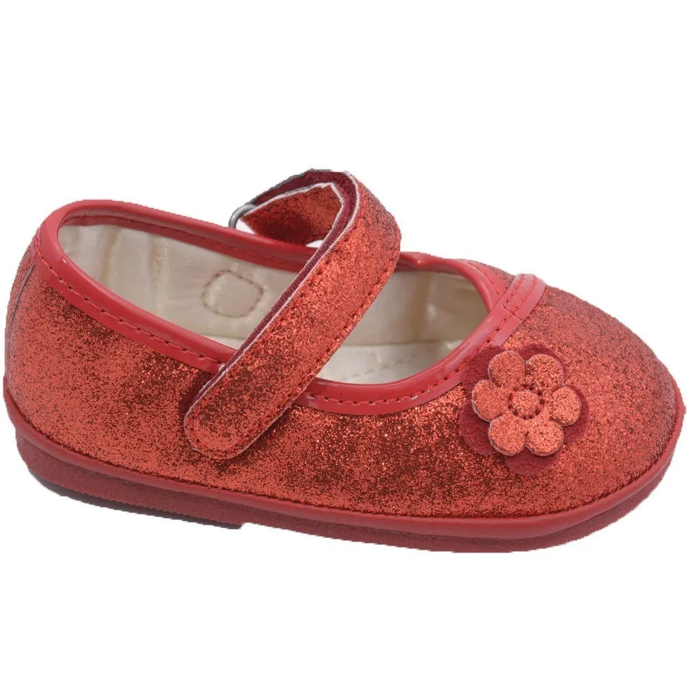 Girls Glitter Red Flower Kimono Strap Mary Jane Shoes 1-3 Baby