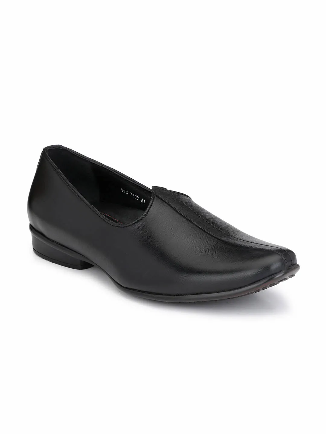 Hitz Men's Black Leather Slip-On Ethnic Shoes