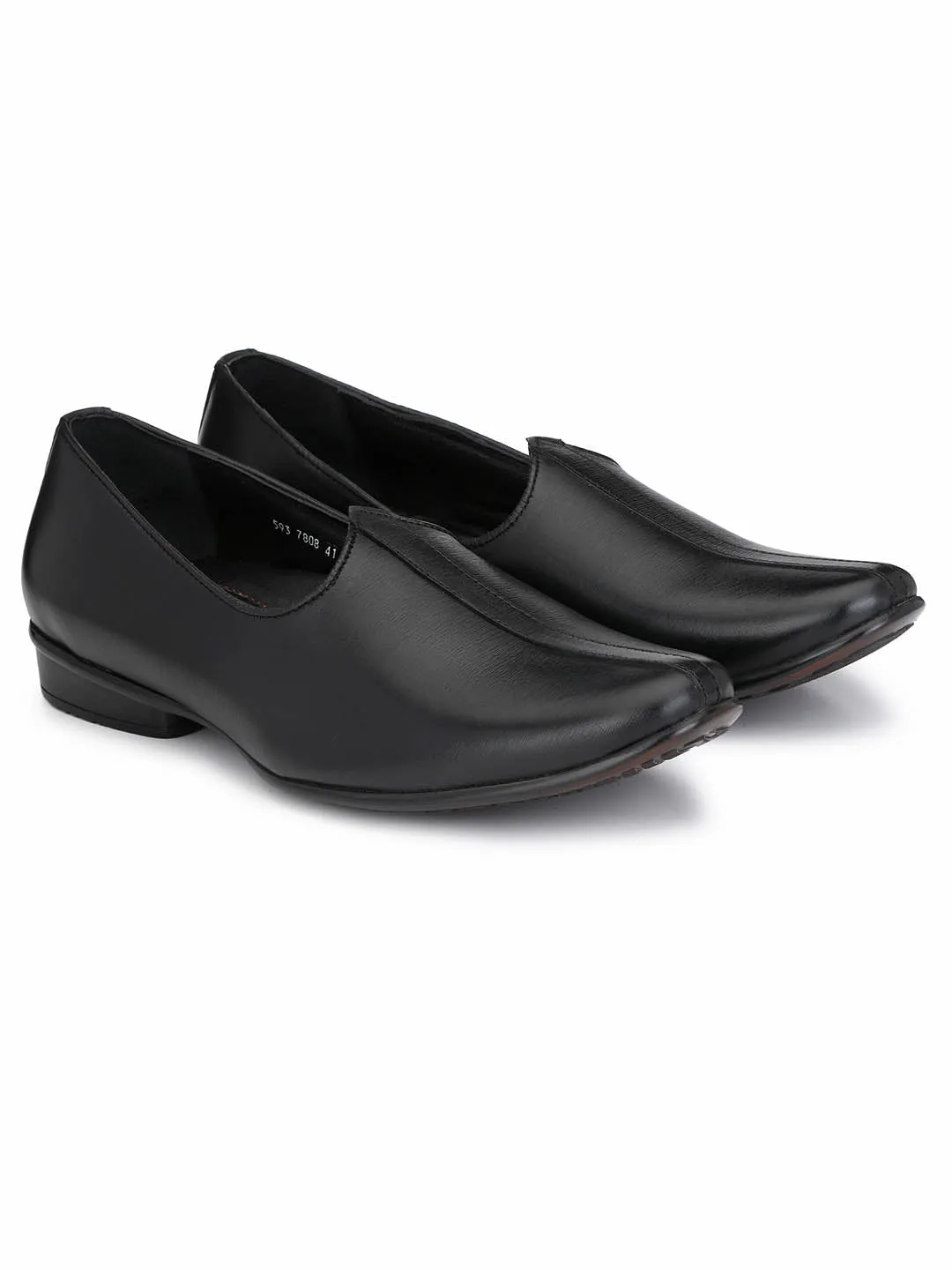 Hitz Men's Black Leather Slip-On Ethnic Shoes