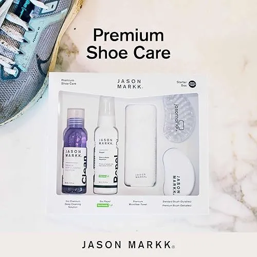 Jason Markk Starter Box, Shoe Cleaning Kit, 5-Piece Set, Deep Cleaning Solutions, Two Brushes, & Microfiber Towel, Sneaker Care, Ideal for Footwear, Safe on Leather, Suede, Nubuck, Cotton, Knits, 2oz