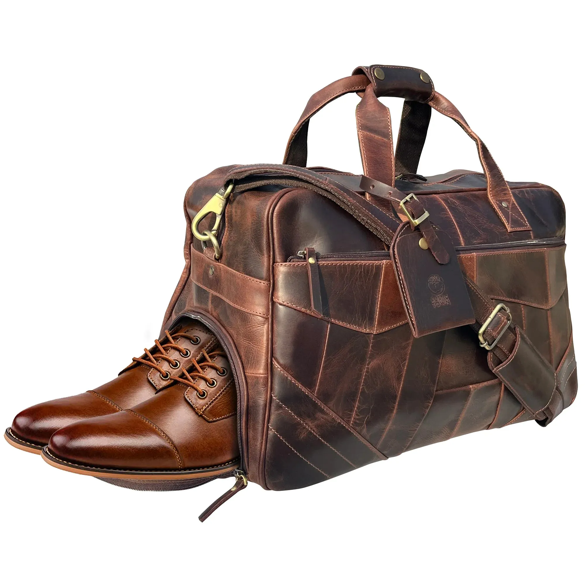 John Leather Travel Duffle Bag with Shoe Pocket, Walnut Brown